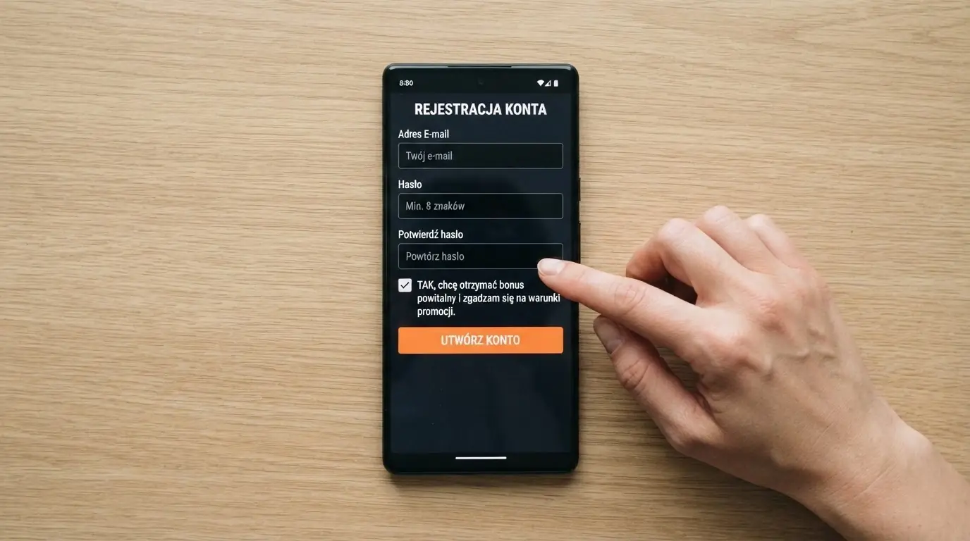 Ekran formularza rejestracyjnego w kasynie online z zaznaczonym polem akceptacji bonusu