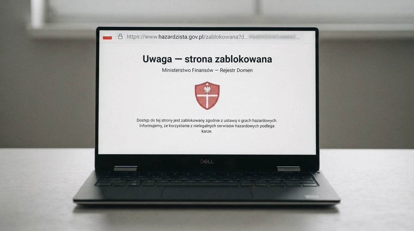 Ekran przeglądarki pokazujący stronę ostrzegawczą Ministerstwa Finansów po wpisaniu adresu zablokowanego kasyna