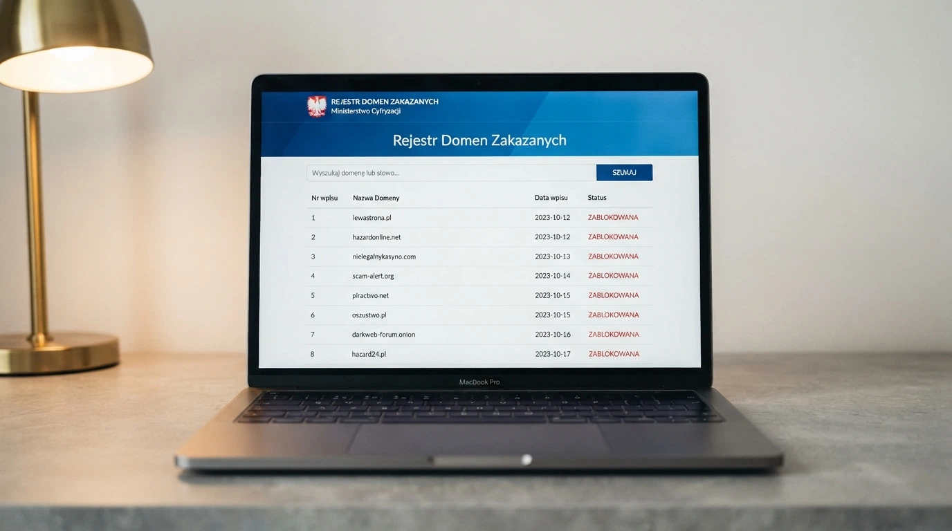 Ekran rejestru domen hazardowych Ministerstwa Finansów z listą zablokowanych witryn i polem wyszukiwania