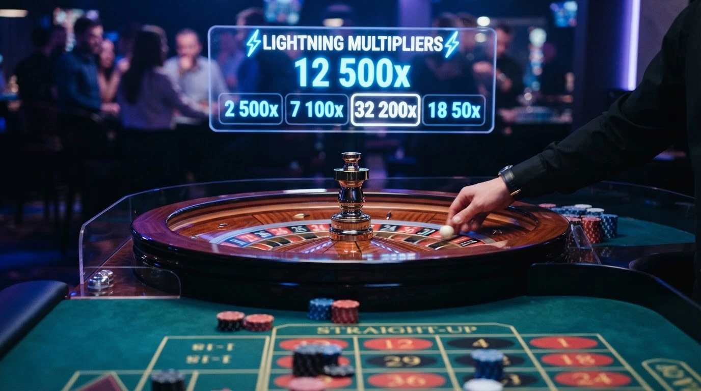 Stół do ruletki Lightning Roulette od Evolution Gaming — krupier, koło i interfejs z mnożnikami widocznymi na ekranie