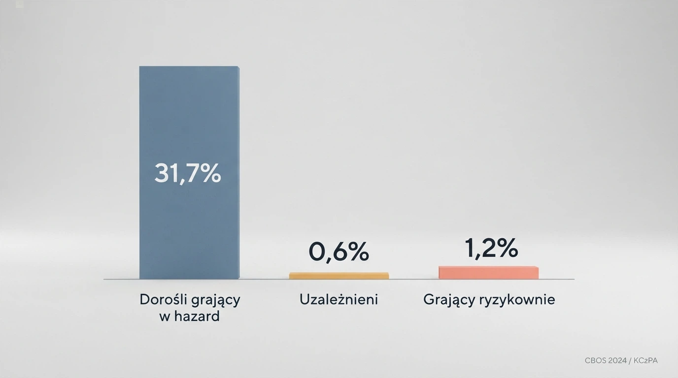 Wykres słupkowy pokazujący trzy wartości: 31,7% dorosłych Polaków grających w hazard, 0,6% uzależnionych i 1,2% grających ryzykownie, z podpisami osi i źródłem „CBOS 2024/KCzPA”