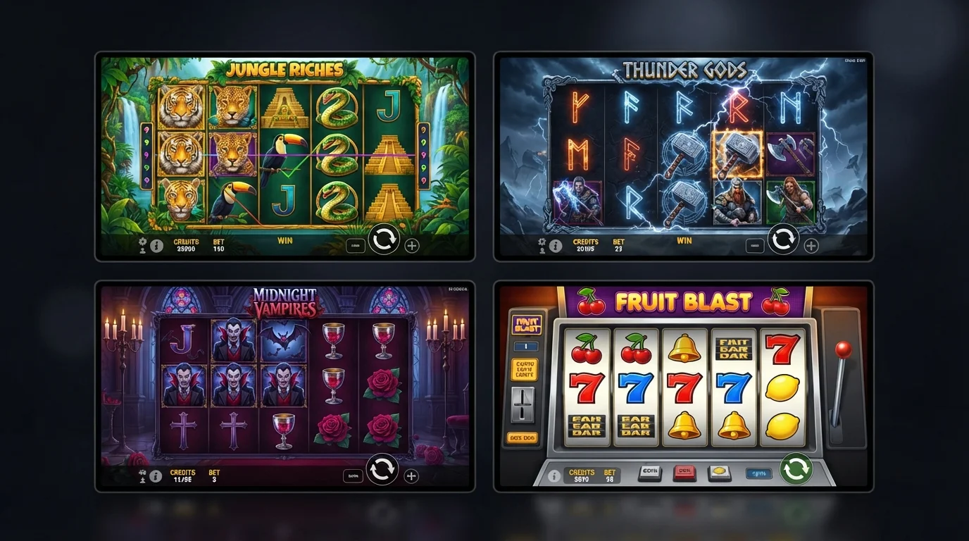 Kolaż okładek automatów Microgaming — Mega Moolah, Immortal Romance, Thunderstruck II i Couch Potato