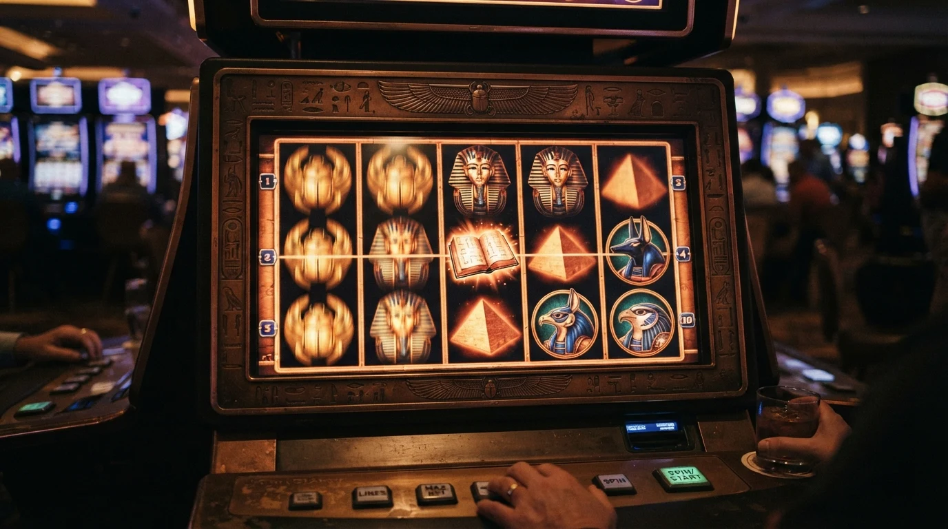 Ekran automatu Book of Dead z symbolem księgi Richa Wilde'a i aktywną rundą darmowych spinów