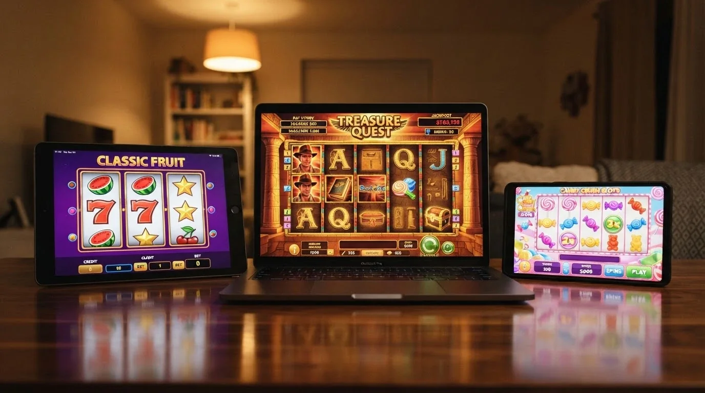 Kolaż trzech popularnych automatów online — Starburst, Book of Dead i Sweet Bonanza — na ekranach różnych urządzeń