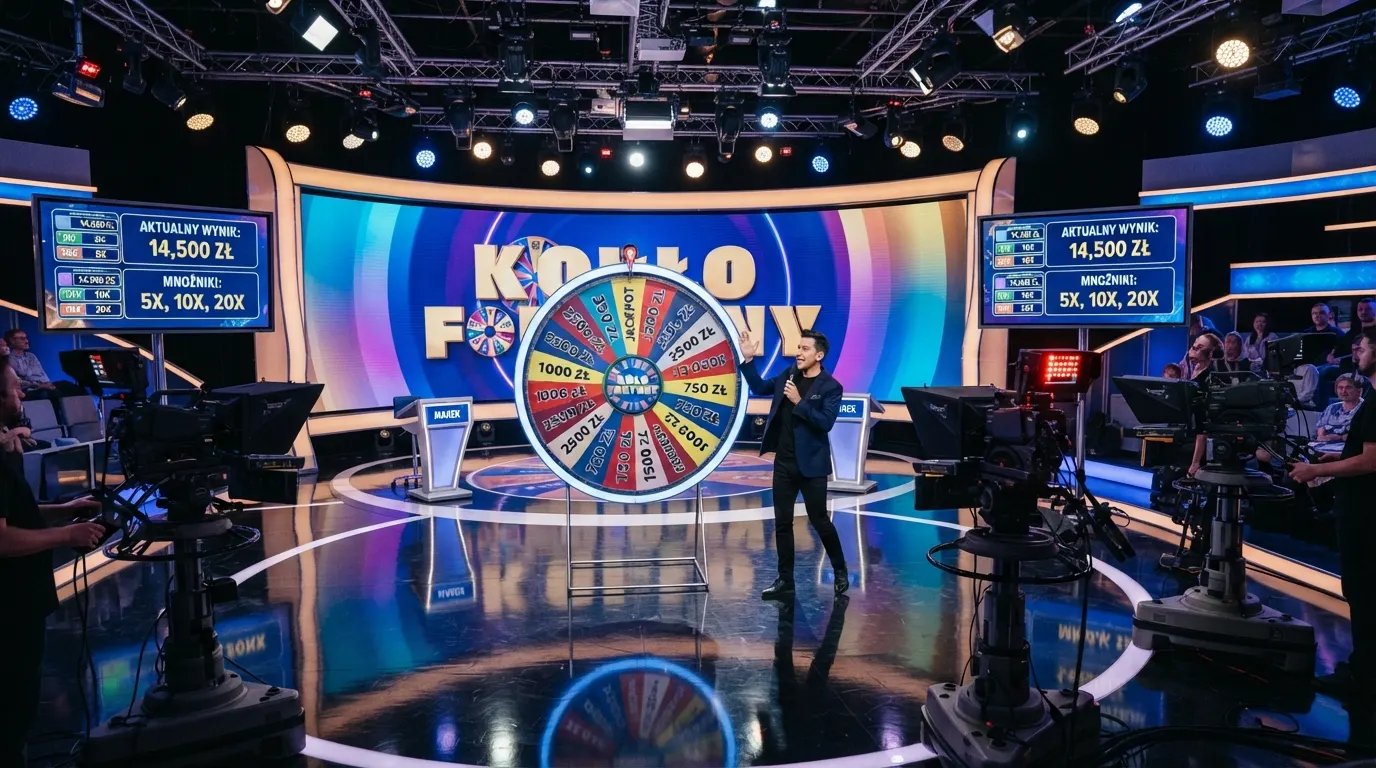 Profesjonalne studio telewizyjne Evolution Gaming — dealer prowadzi transmisję na żywo przed kołem Crazy Time, na ekranach w tle widać statystyki i mnożniki