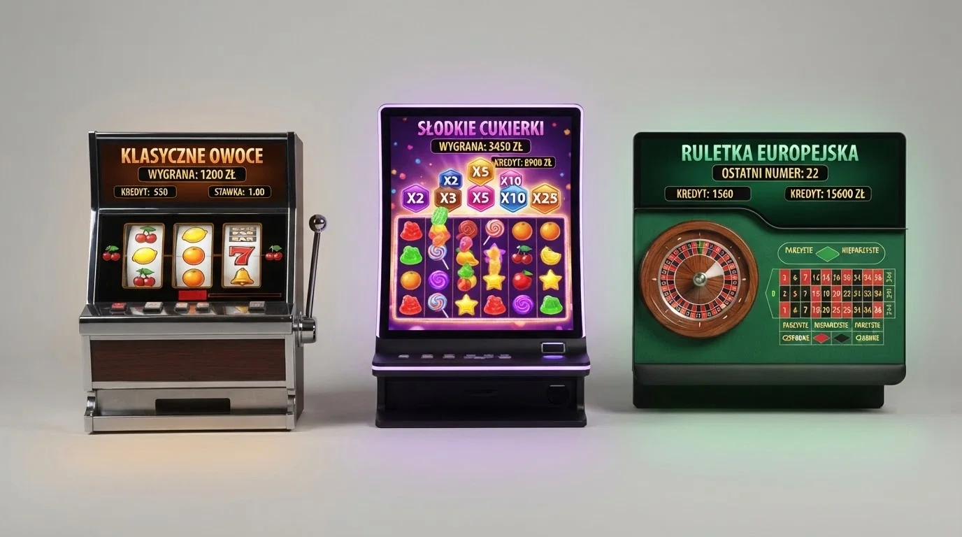 Kolaż przedstawiający trzy rodzaje maszyn: klasyczny automat owocowy, nowoczesny slot wideo z mechaniką Tumble oraz stół do ruletki online