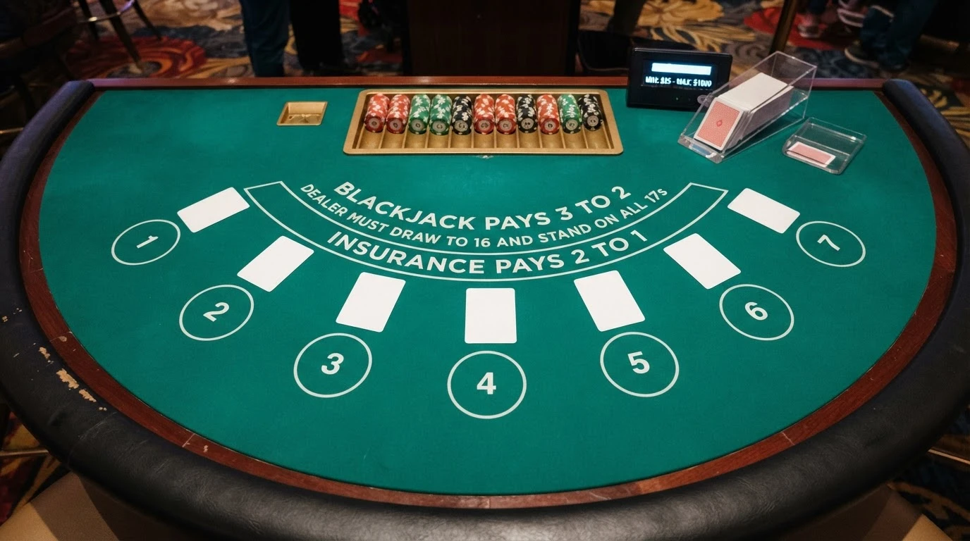 Układ stołu do blackjacka z polami na zakłady, miejscami na karty graczy i krupiera — widok z góry na kompletny stół live