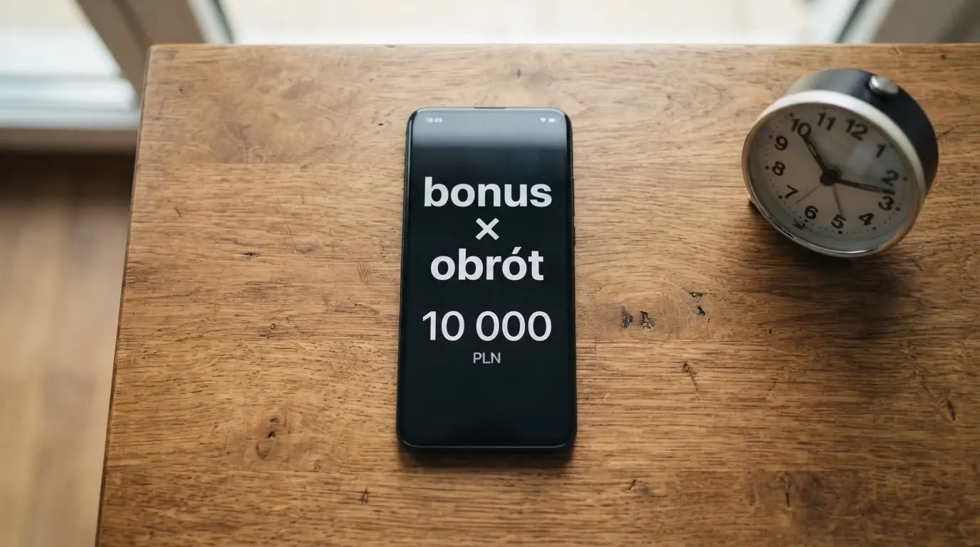 Kalkulator na ekranie smartfona pokazujący wyliczenie: kwota bonusu × wager = wymagany obrót, obok zegar odliczający czas