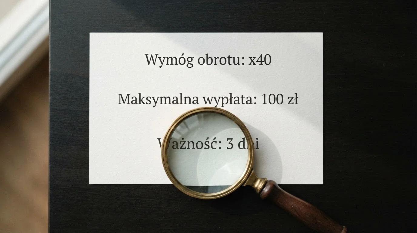 Zbliżenie na kartę z warunkami promocji kasyna: trzy linijki — „Wymóg obrotu: x40”, „Maksymalna wypłata: 100 zł”, „Ważność: 3 dni” — z lupą powiększającą nad ostatnią linijką