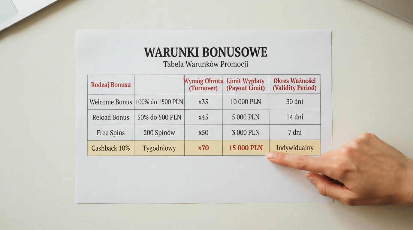 Zbliżenie na tabelę warunków bonusu z widocznymi polami: wymóg obrotu, limit wypłaty, okres ważności