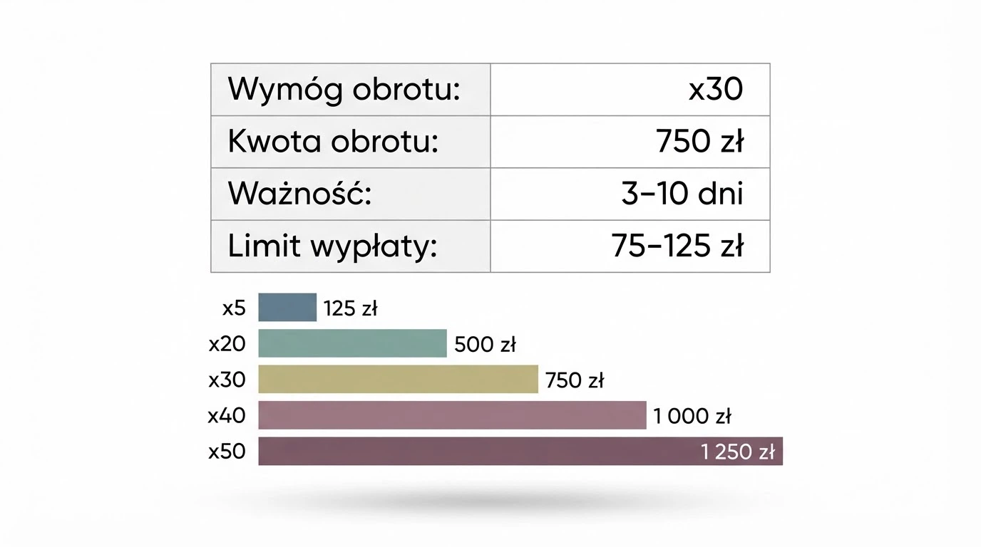 Tabela warunków bonusu bez depozytu z widocznym wymogiem obrotu, terminem ważności i limitem wypłaty
