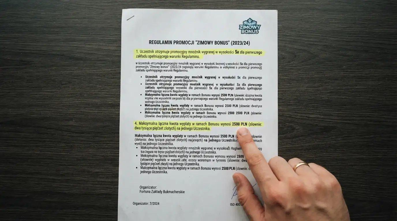 Zbliżenie na fragment regulaminu promocji kasyna z podkreślonymi warunkami obrotu i limitem maksymalnej wygranej