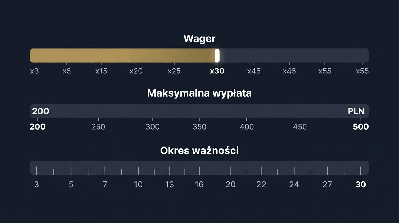 Tabela warunków bonusowych pokazująca wymóg obrotu, limit wypłaty i okres ważności przy ofercie darmowych spinów